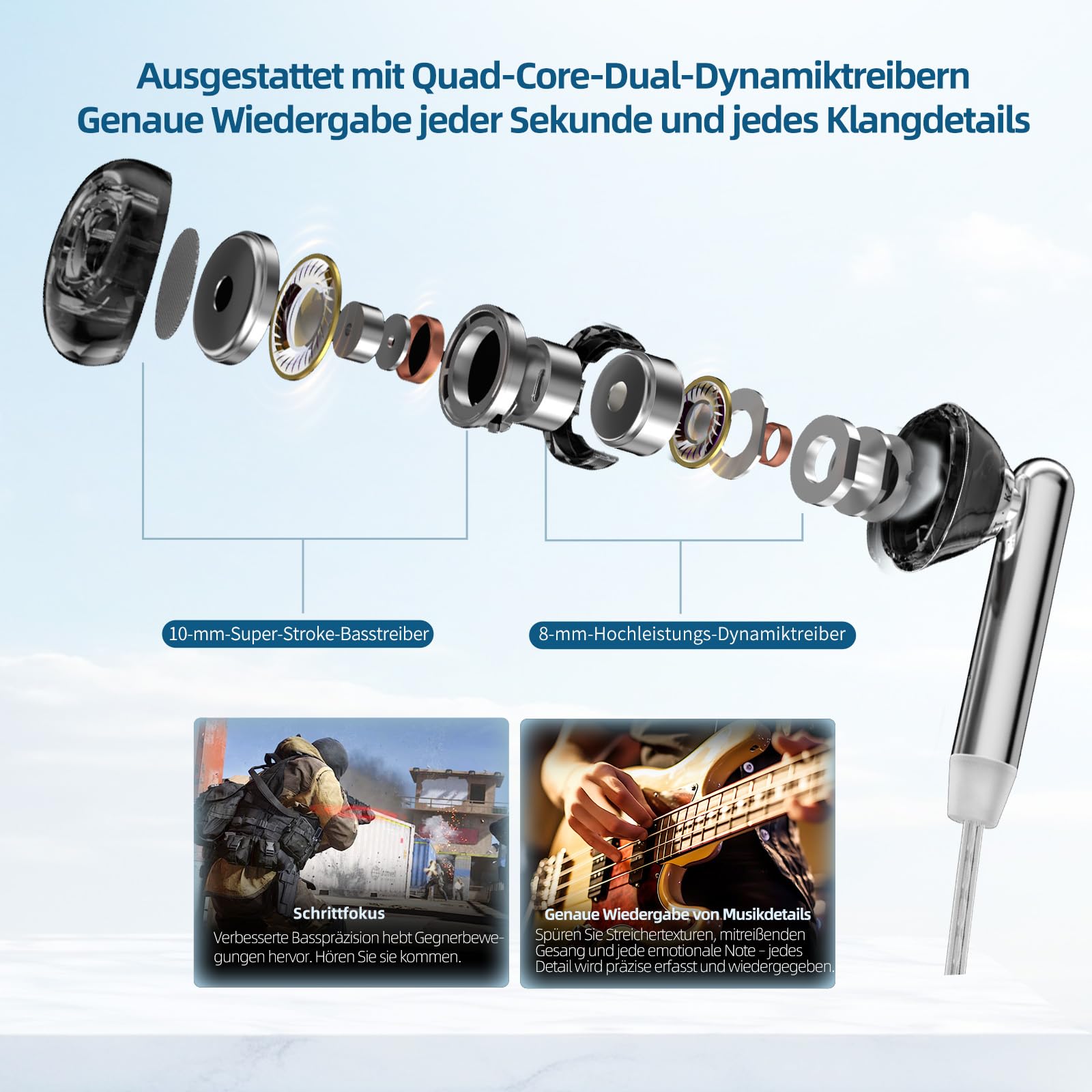 KZA COUSTICS KZ Duet Écouteurs intra-auriculaires - Double pilote dynamique - Écouteurs de jeu - Basses HiFi - Microphone antibruit - Câble argenté - Pour PC, console, appareils mobiles