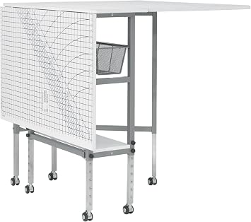 Sew Ready Foldable, Hobby and Craft Cutting Table with Accurate Fabric Cutting Grid & Guides Top - 58.75" W x 36.5" D and Storage Drawers, Silver/White | Grid Top for Fabric Cutting and Quilting, Storage Drawers and Shelf, Adjustable Height, Rolls on 6 Casters, Folds Flat