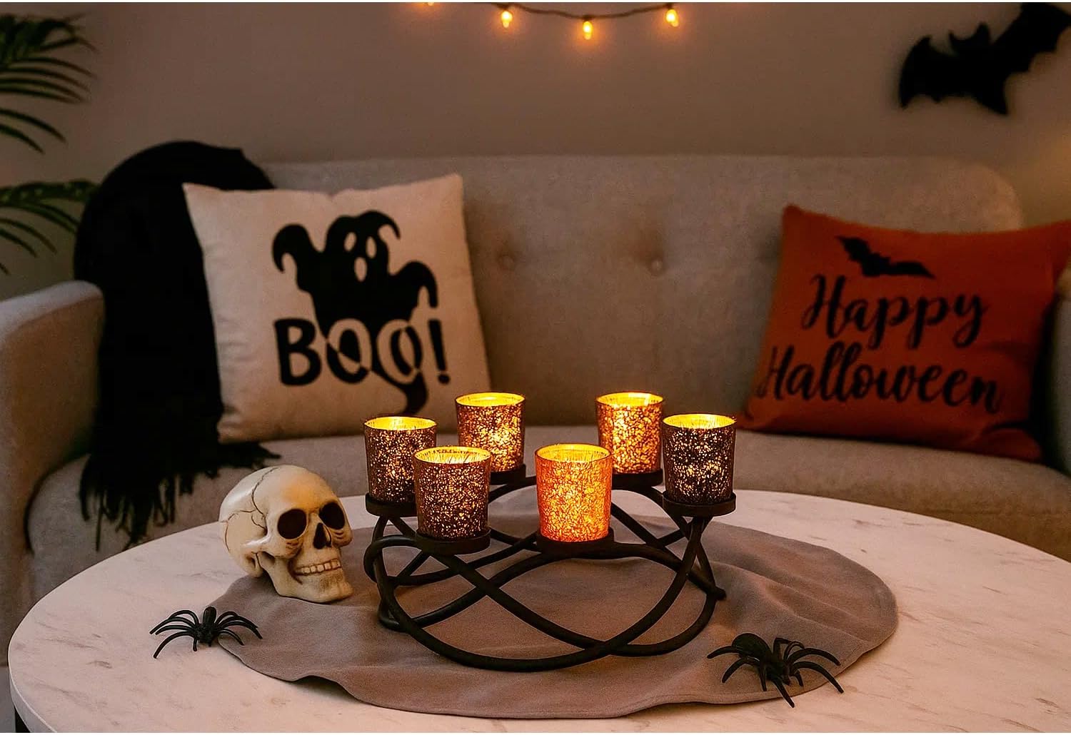 Seraphic Halloween Centerpiece Table Decor Candle Holder for Kitchen, Dining Room, and Coffee Tables, Glass Votive Tealight Holders, Black, 6 Black/Orange Cups