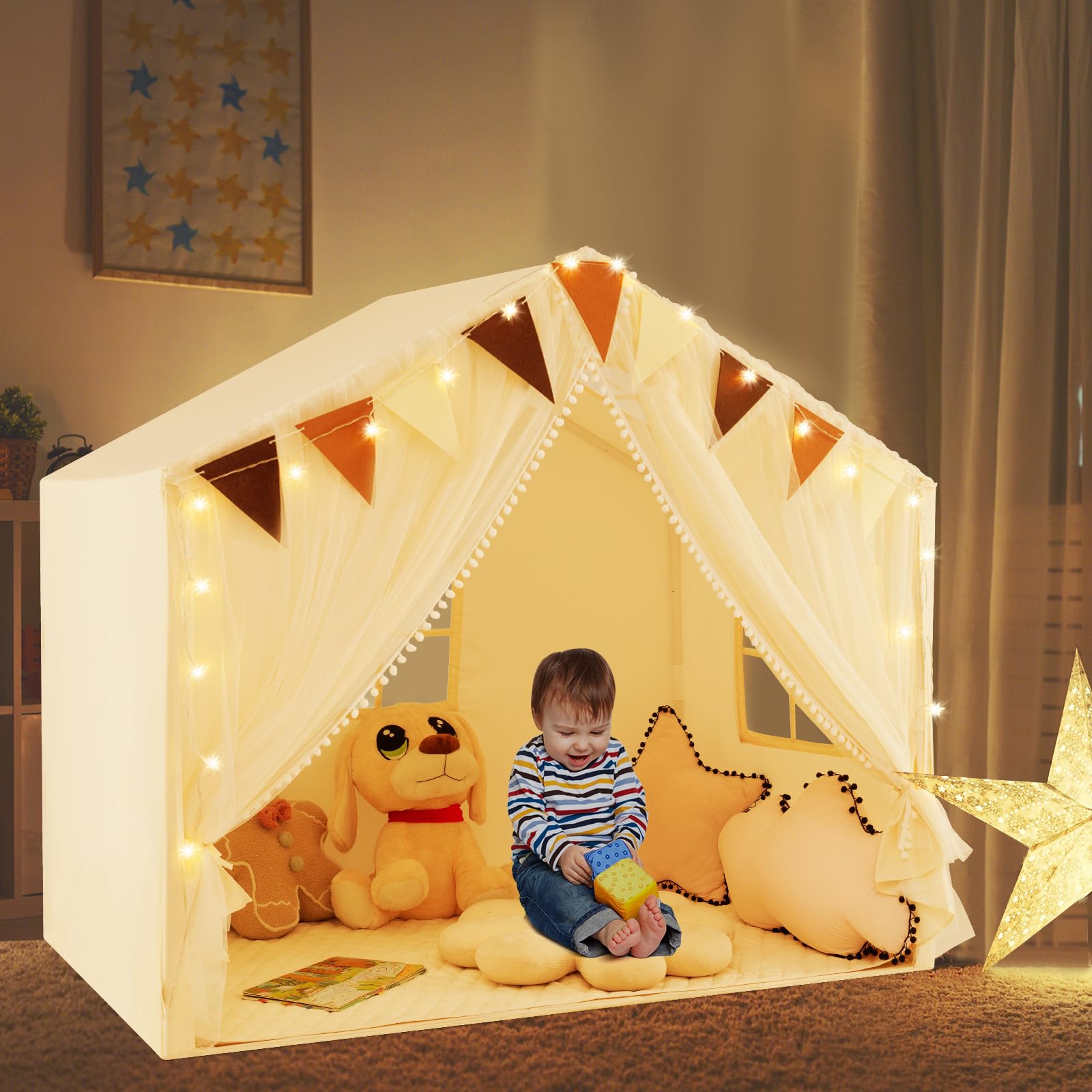 HOMASIS Kinderzelt Indoor, Spielhaus mit Matte & Lichtern & Vorhang & Flaggen, Spielzelt aus Baumwolle, Prinzessin Zelt für Mädchen & Jungen ab 3 Jahren, Kinderspielhaus für Kinderzimmer (Beige)