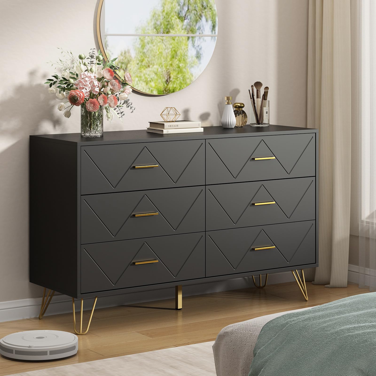 RESOM 6 Drawer Black Dresser for Bedroom, Modern Chest of Drawers with Deep Drawers,Wood Dresser with Gold Metal Handles for Bedroom, Living Room,