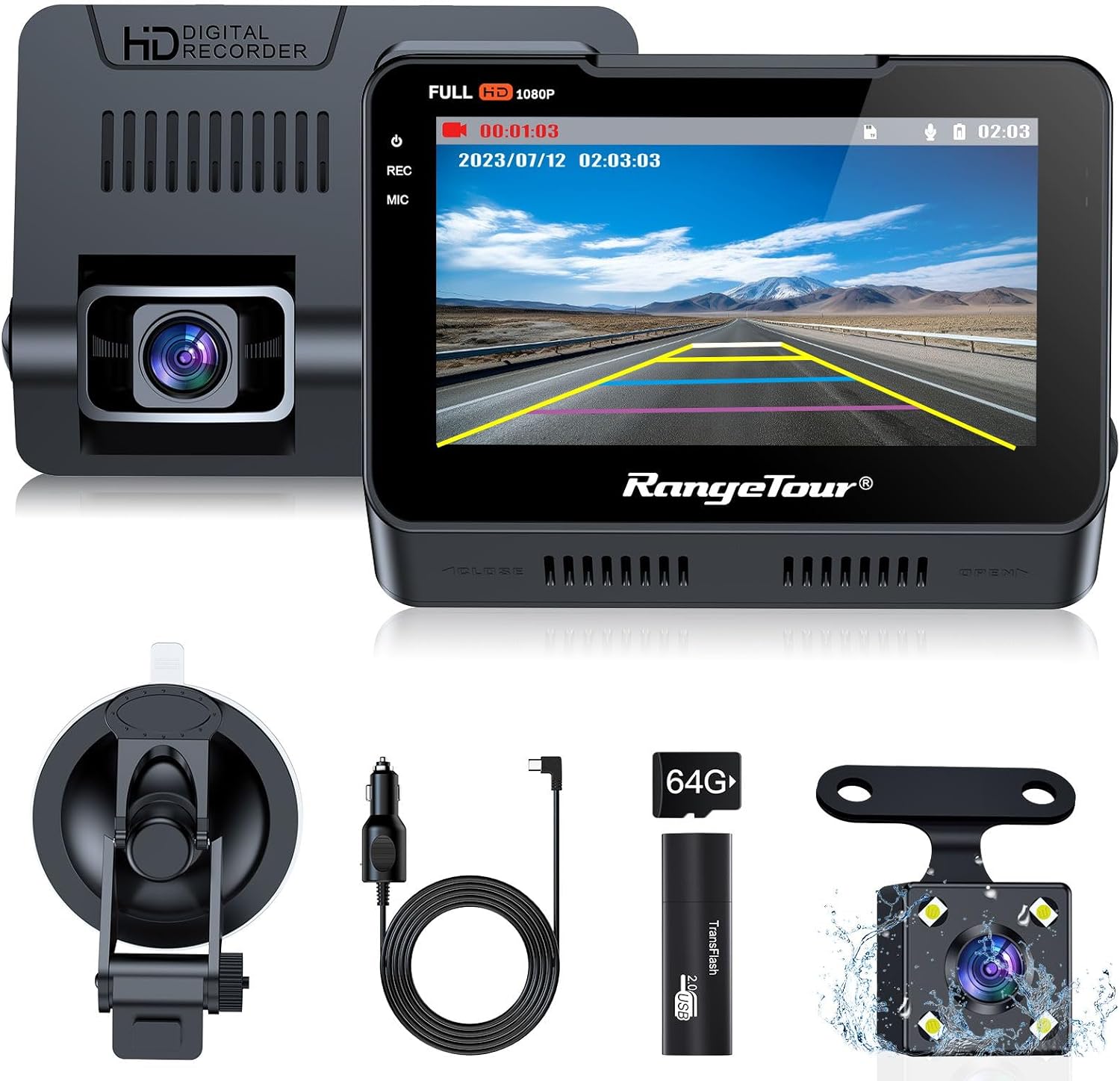 Range Tour Car Dash Cam Front and Rear, Dual Camera 170° Wide Angle In