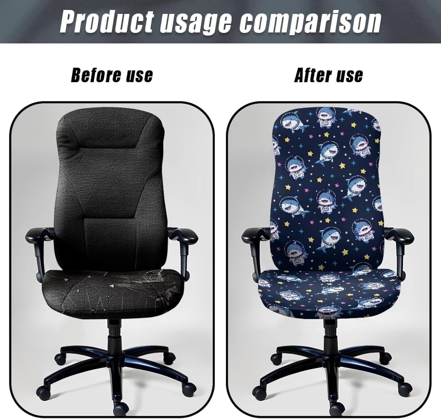 Wanyint Shark Astronaut Star Office Chair Cover Stretchable Desk Chair Protector Non-Slip Computer Office Chair Slipcover Washable Desk Chair Cover with Elastic Bottom, Dark Blue, L