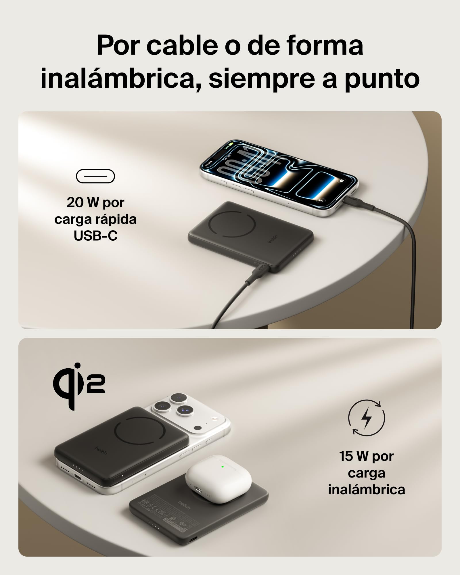 Belkin BoostCharge Batería Externa 5000 mAh con Anillo Magnético - Negro | Power Bank 5000 mAh, Anillo Magnético para Accesorios, 1 Puerto USB-C, Precargada y con Cable, Batería Portátil Inalámbrica