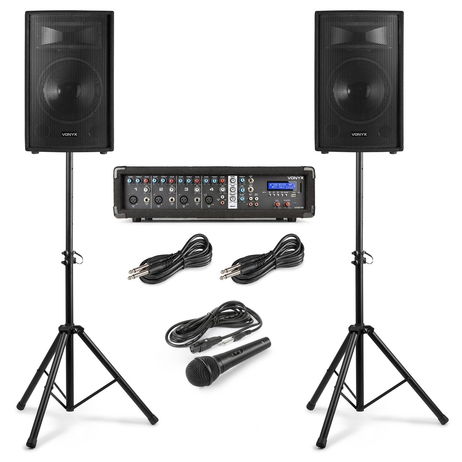 Vonyx VX210 DJ Anlage für Anfänger, Musikanlage mit 2 Lautsprecher Boxen, 2X Boxenstativ, Audio Mischpult, 2X Mikrofon, DJ Set Komplett für Beginner, Beschallungsanlage, Party Gig, Hochzeiten
