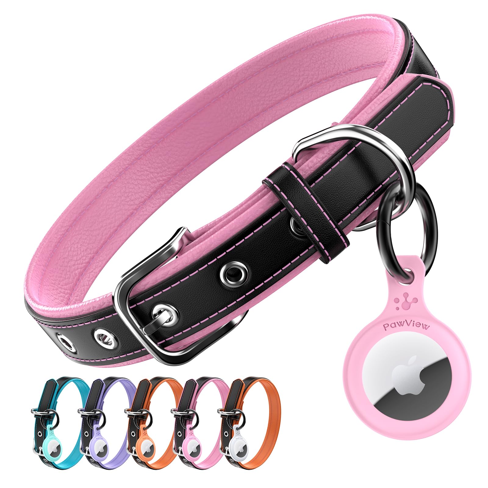PawView Genuine Leather Dog Collar with AirTag Holder-Compatible with Airtag,Adjustable & Personalised for Small Dogs-Breathable PU Lining,Anti-Loss QR Code (S:Neck 28-42cm,Width 2cm,Pink)