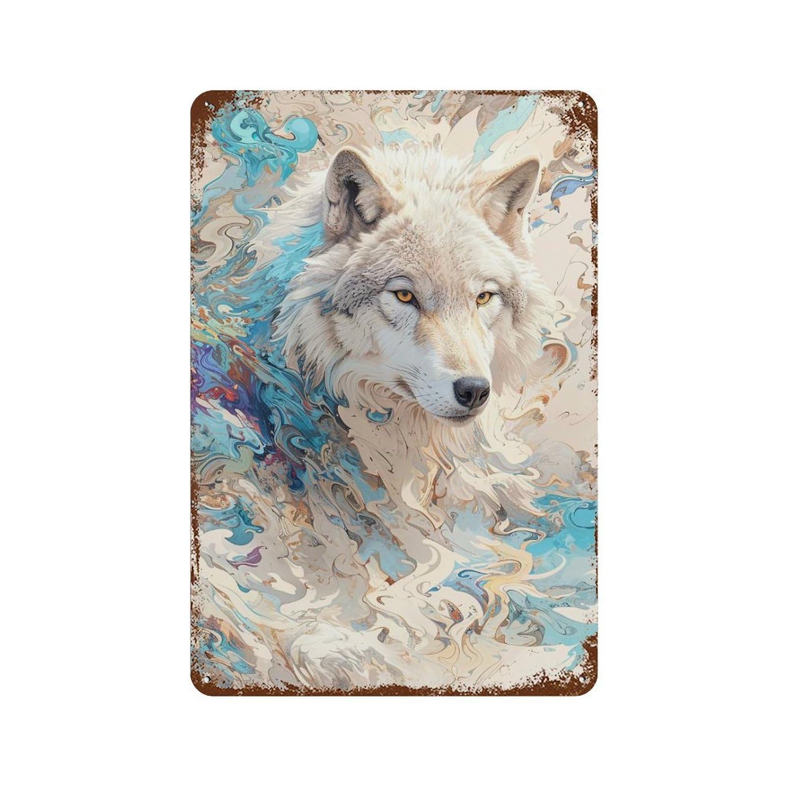 Rust Effect Mystic Wolf Aged Metal Wall Plaque 11.8"x7.9", Classic Wall Plaque for Basement, Hobby Room And Garage Decor