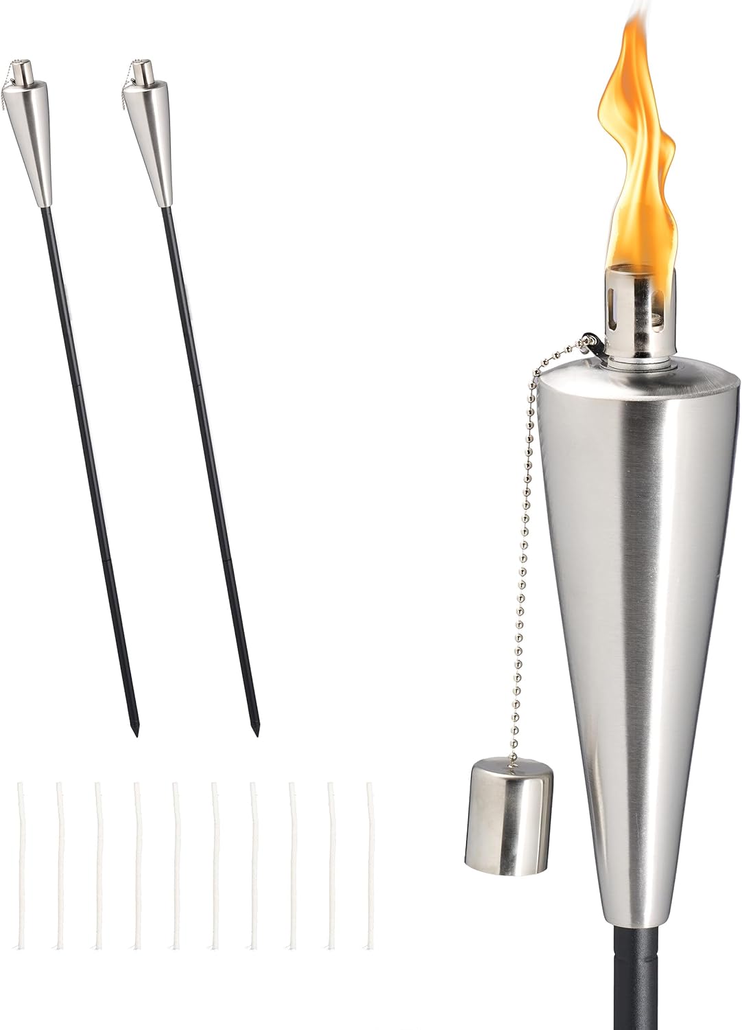 Relaxdays Garden Torches, Set of 3, Stainless Steel, Oil Torches for Outdoors, Variable Height, Replacement Wicks, Extinguisher, Silver/Black