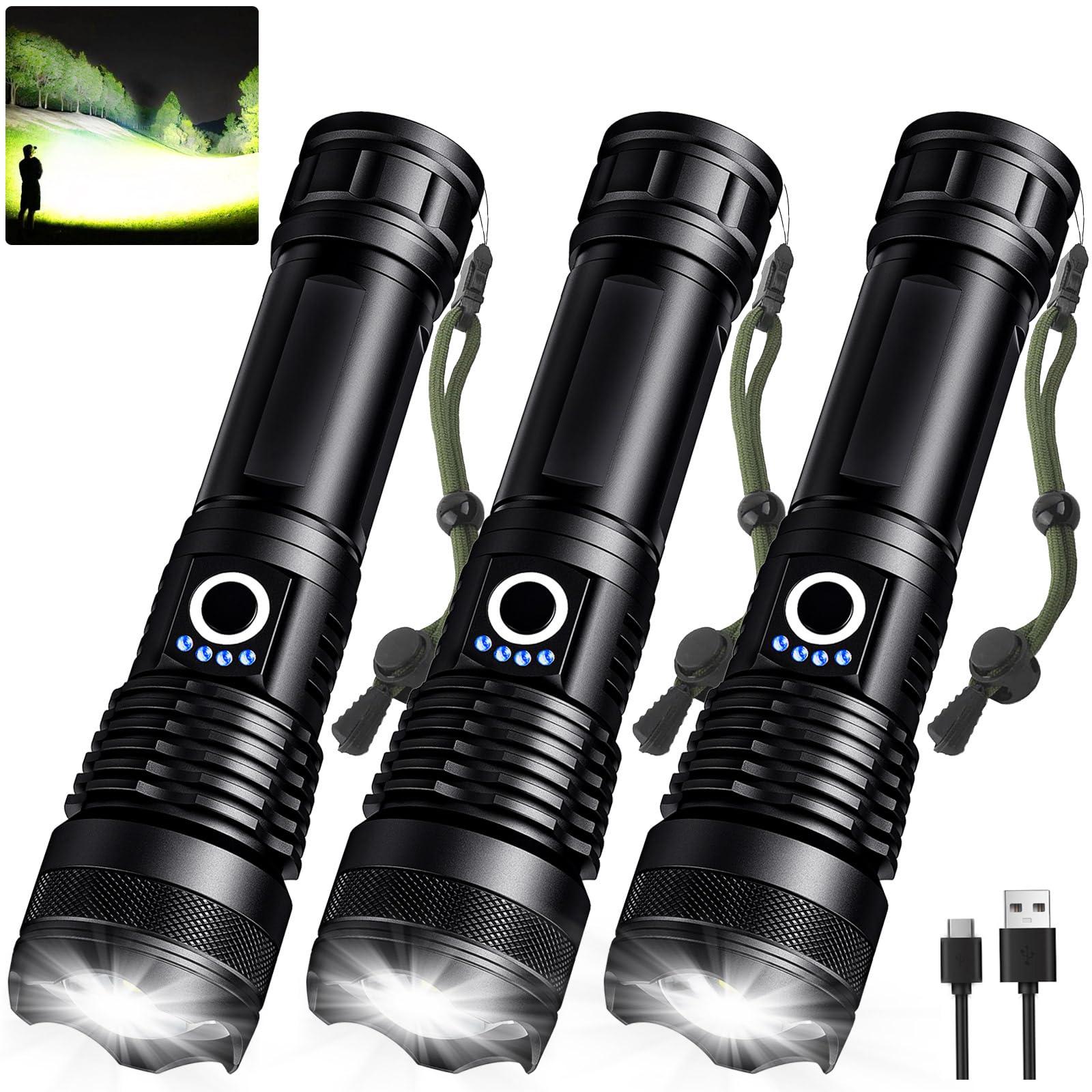 3 Pack Rechargeable LED Flashlights High Lumens