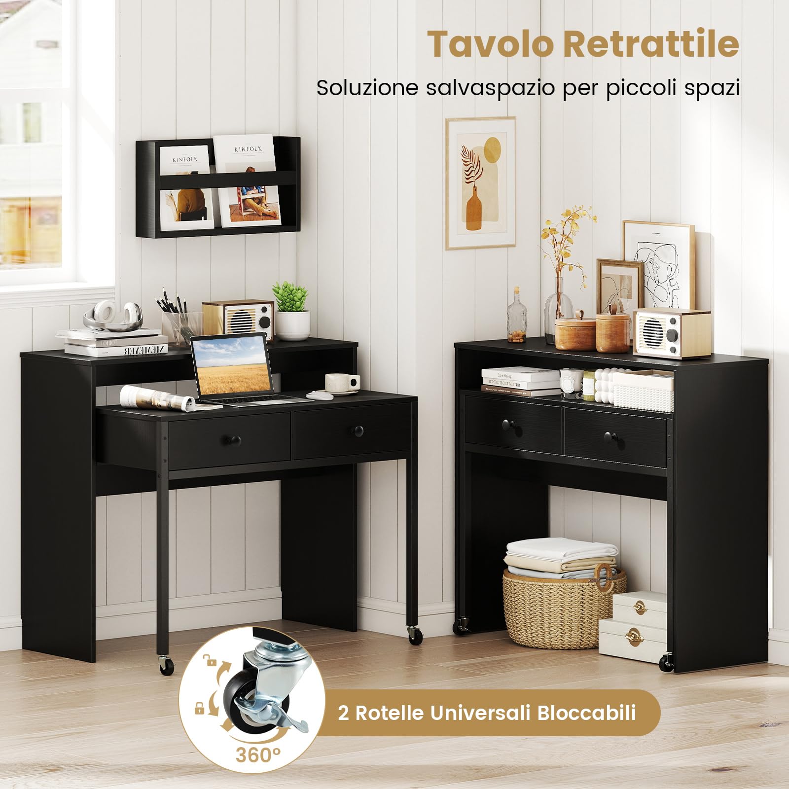 COSTWAY Scrivania per Computer, Tavolo Salvaspazio Retrattile con Cassetti e Ruote Universali Bloccabili, 100 x 63 x 88 cm, Desk Gaming per Ufficio, Soggiorno e Camera da Letto (Nero)