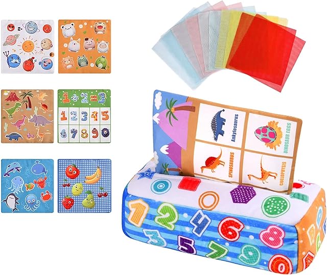 Vicloon Baby Tissue Box Toy, Soft Stuffed High Contrast Crinkle Montessori Square Sensory Toys include Colorful Scarves, Montessori Sensory Early Learning Toys for 6-24 Months Babies