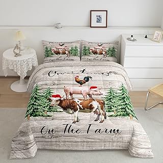Christmas Farmhouse Twin Size Comforter Set,Xmas Pine Trees Snowflake Duvet Set Soft Bed Collection,Cartoon Cow Chicken Pig Bedding Comforter for Boys Girls Bedroom,2 Pcs