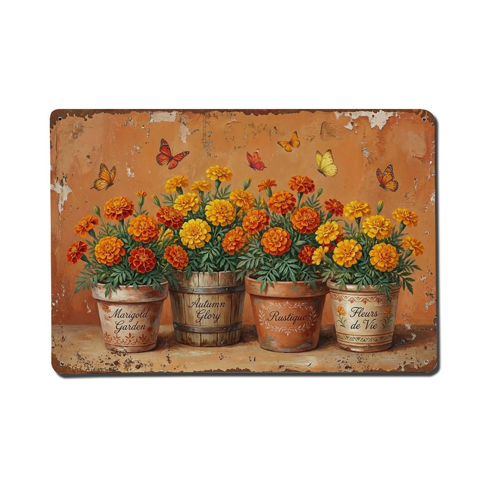 Vintage Rustic Flower Potted Plants Marigold Metal Tin Sign