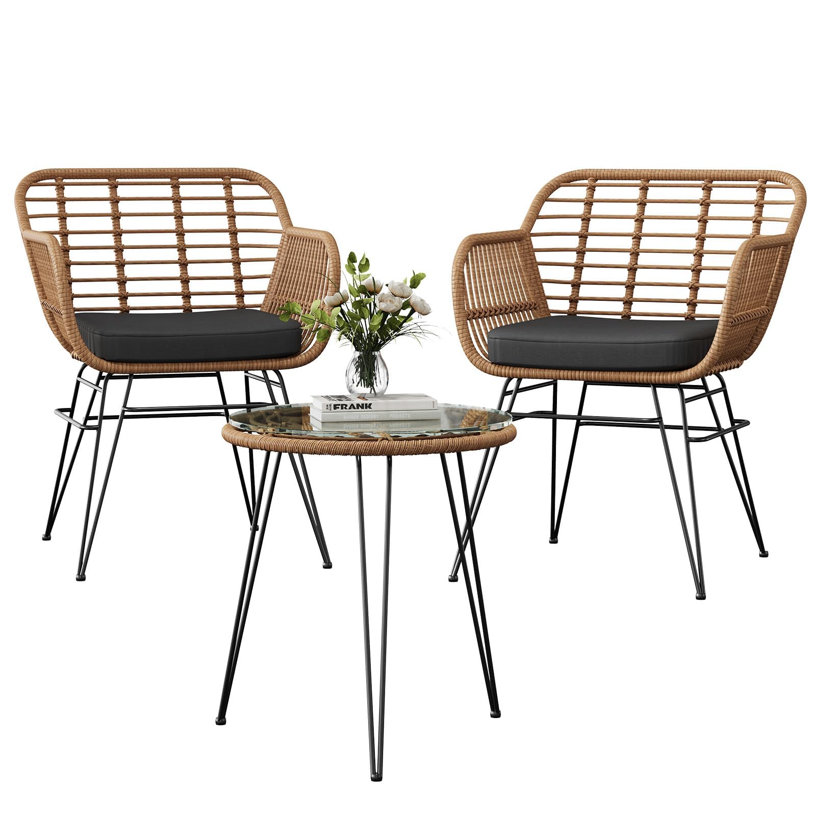 Aptliton 3 Piece Rattan Bistro Set,2 Chairs, Removable Cushions