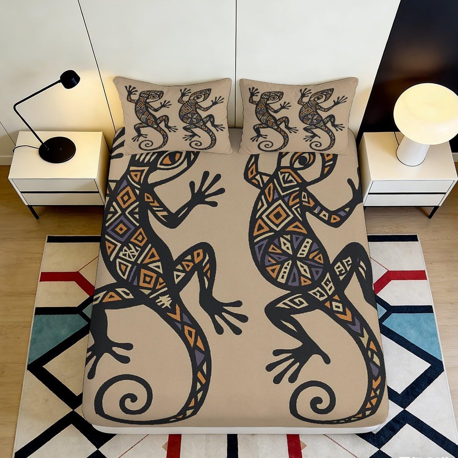 3D Printed Tribal Lizard Fitted Sheet Microfiber Beige Art Gecko Mattress Cover for Bedroom Guestroom Decor 90x200x25cm