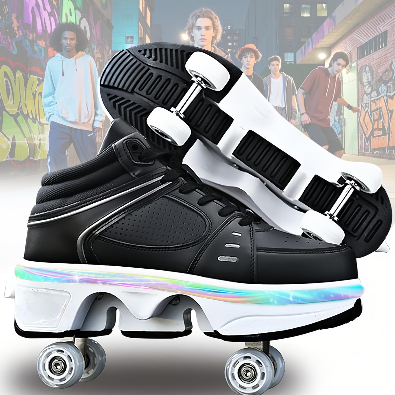 Rollerskates womens,Quad Kick Roller Skates for kids,LED Inline Skates Deformation Trainers for Adults Beginners,Sneakers with Invisible Wheel for boys (A, UK-7) โ image 1