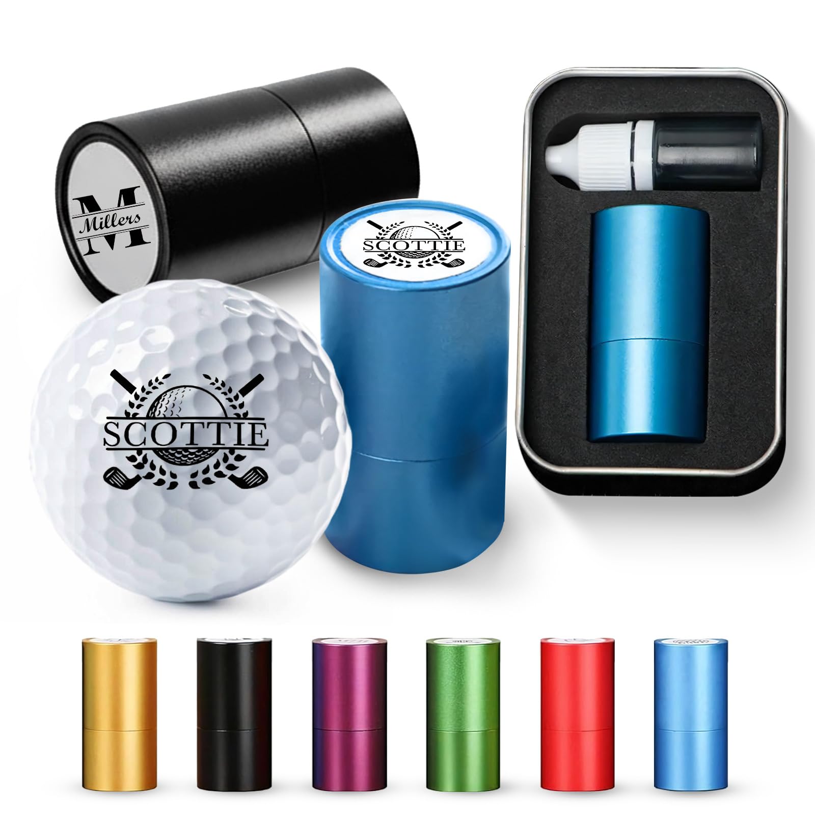 Tampon de golf personnalisé grand format – Logo 20 mm, avec étui de rangement en métal, nom ou logo personnalisé, marquage réutilisable pour balles de golf, accessoires de golf pour hommes