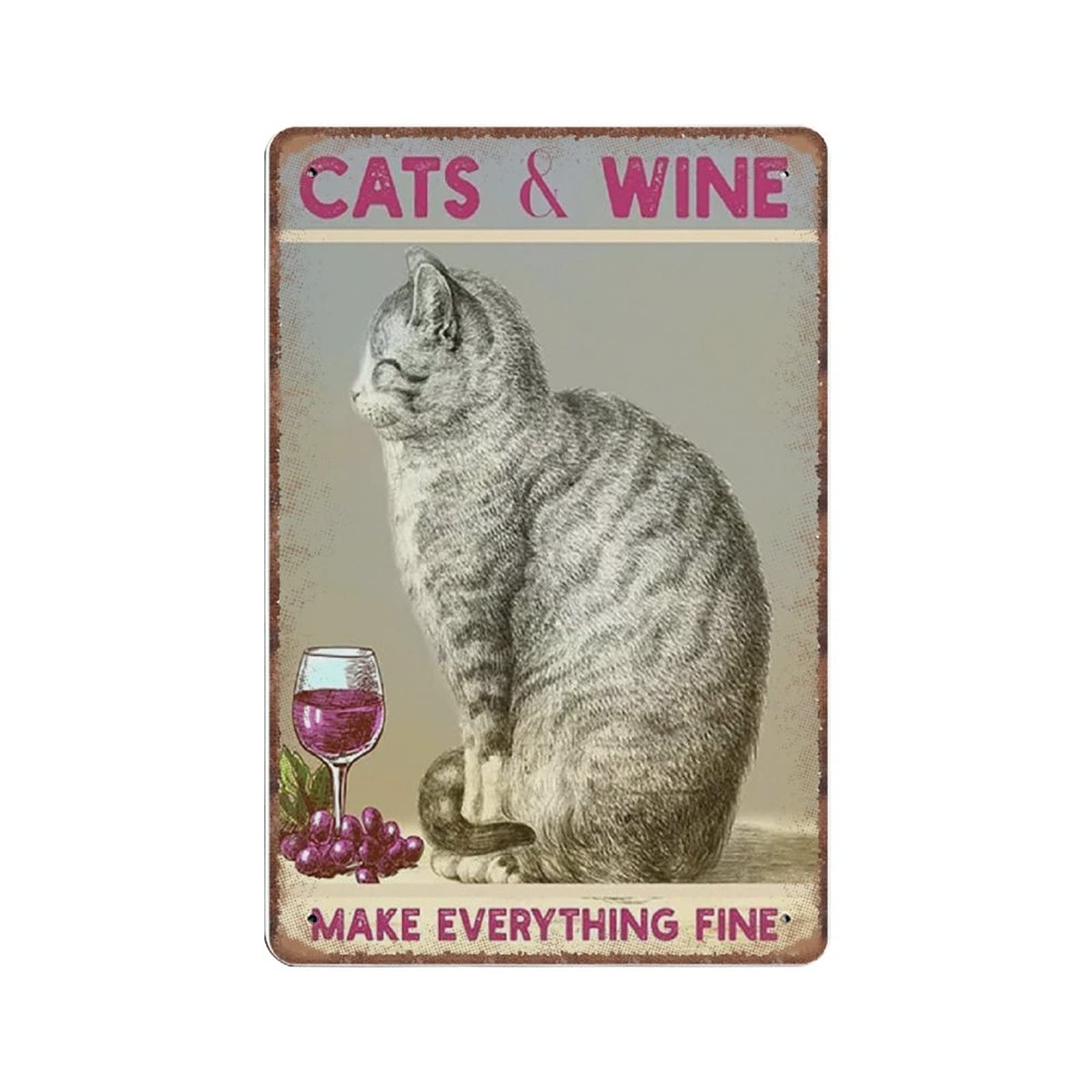 Daiercy Material_tin 1 Cats And Wine Make Everything Fine Funny Cat Tin Signs Funny Vintage Metal Sign Plaqu Poster Wall Art Pub Bar Kitchen Garden Bathroom Home Decor, 20X30 Cm