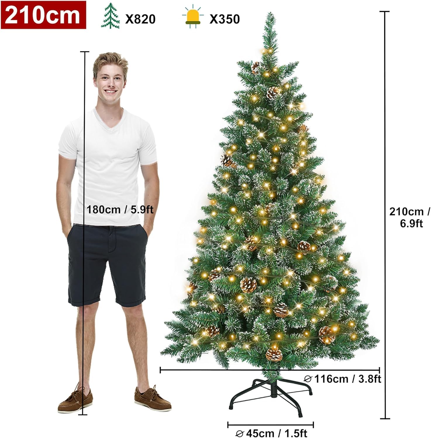 LZQ Sztuczna choinka z oświetleniem, sztuczna choinka z PCW z wodoszczelnymi światłami, dekoracja bożonarodzeniowa, 120 cm/150 cm/180 cm/210 cm/240 cm (210 cm)