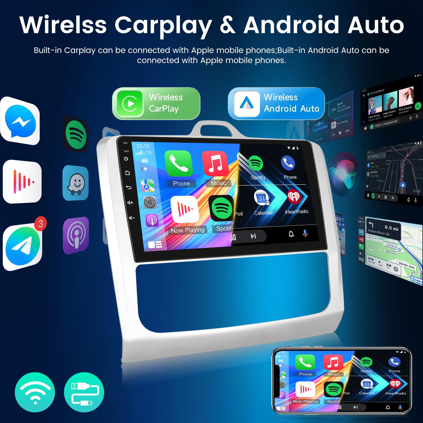 NHOPEEW 4+64G Radio de Coche para Ford Focus 2004-2010 - Radio Android de 9 Pulgadas con Inalámbrico Carplay y Android Auto - Mirror Link 32EQ DSP Pantalla Dividida + Cámara de Reversa & Micrófono