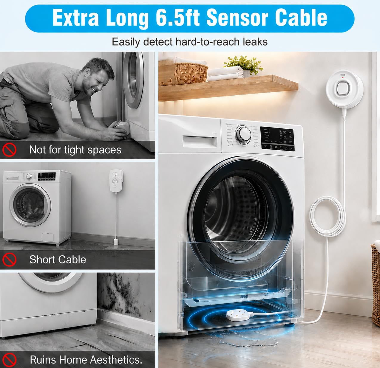 DAYTECH WLAN-Wasserleck-Detektor, 110 dB, Wasseralarm mit Telefonwarnungen und 2 m Detektorkabel, intelligenter Wasserstandssensor für Keller/Waschküche/Küche, 2er-Pack (nur 2,4 G WLAN)