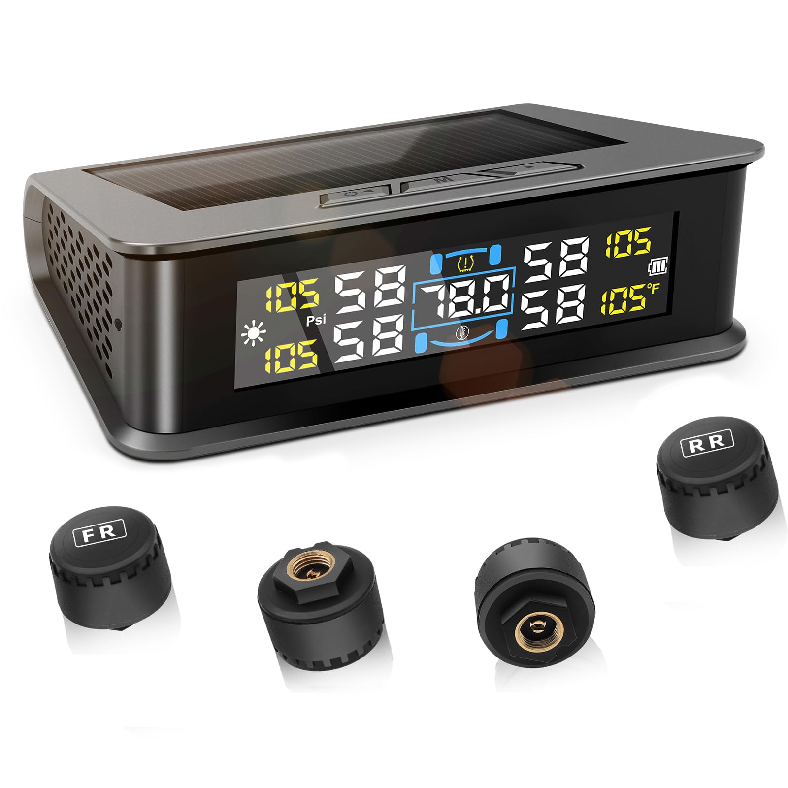 TPMS Sistema di Sensori di Monitoraggio della Pressione Pneumatici con Allarme Temperatura/Pressione per 4 Turni Camper SUV Auto, 5 Bar