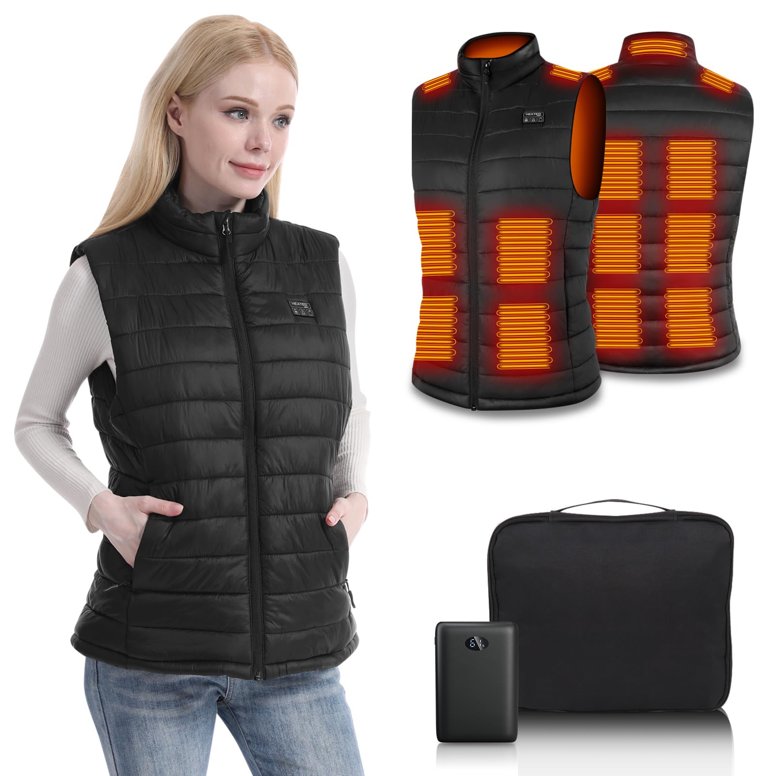Chaleco Calefactable Mujer, 15 Zonas de Calentamiento, Chaleco Térmico con Batería 10000mAh, Chaleco Calefactable Eléctrico Ligero con 3 Temperaturas para Ciclismo, Trabajo al Aire Libre