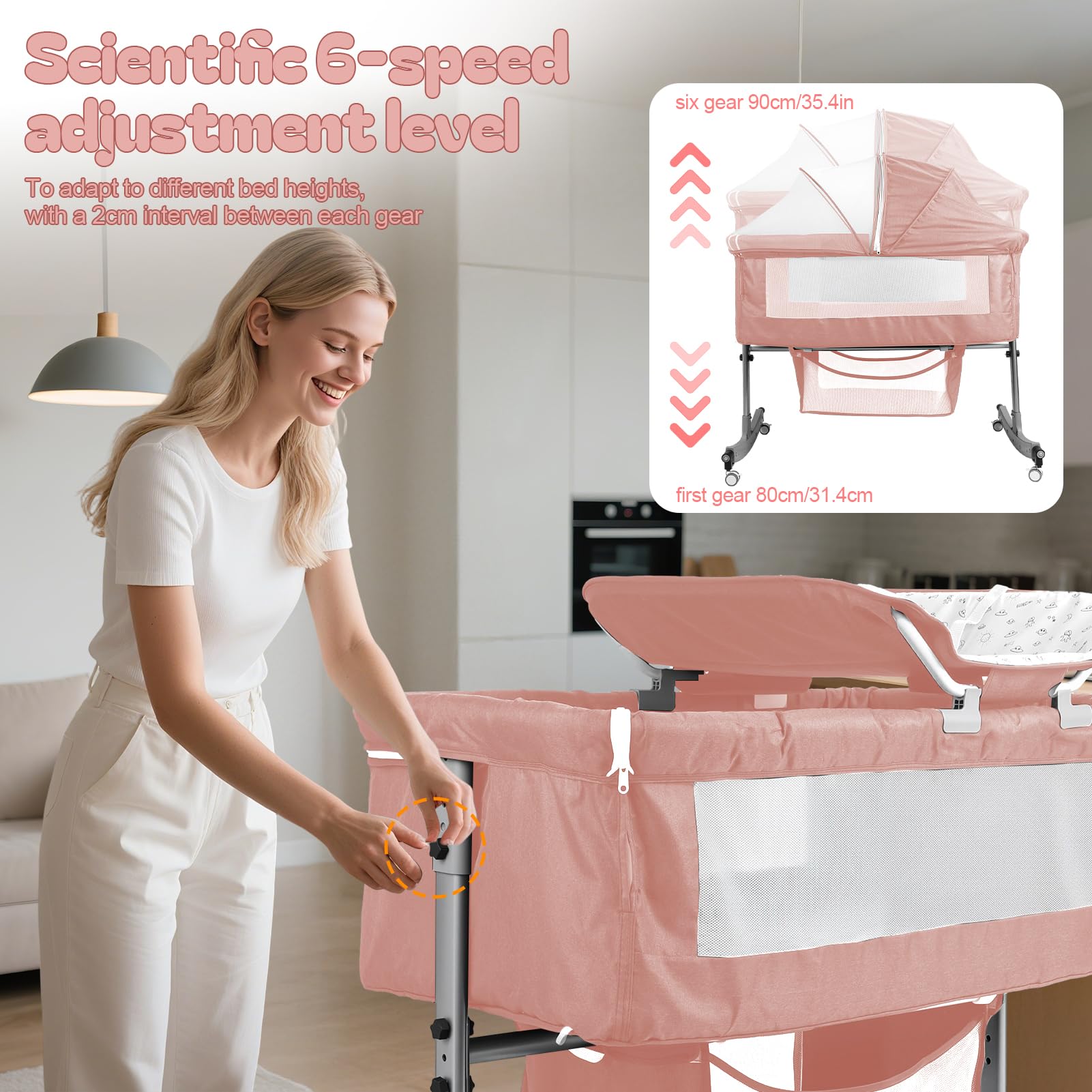 Lit bébé 4 en 1 Cododo réglable Hauteur Berceau Bascule avec Table à Langer Moustiquaire Rangement Rose