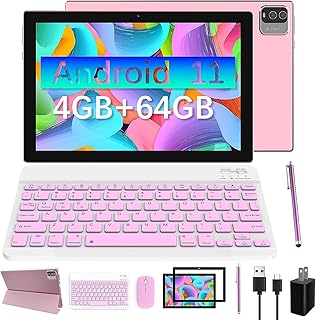 Android Tablet 2 in 1 Tablets 10 Inch, Tablet with Keyboard Mouse Case Protective Film Stylus Android 11.0 Tableta Computer Set 10.1" Tab 64GB+4GB 8MP Dual Camera 6000mAh Battery WiFi Game Tableta PC