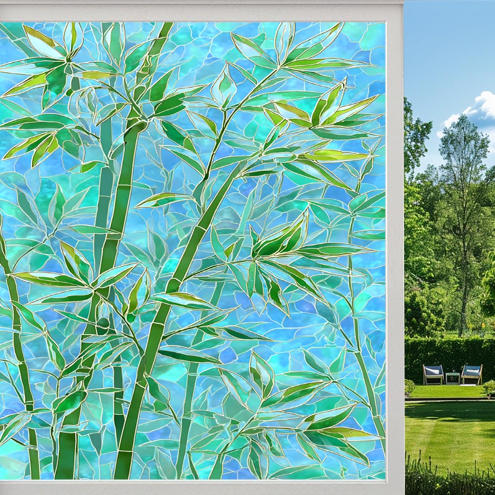 Pmlbaous Colorful Bamboo Frosted Window Film, Natural Green Plants Stained Glass Privacy Film, Heat Insulation Self-Adhesive Vinyl For Bathroom Office, （40X90cm）