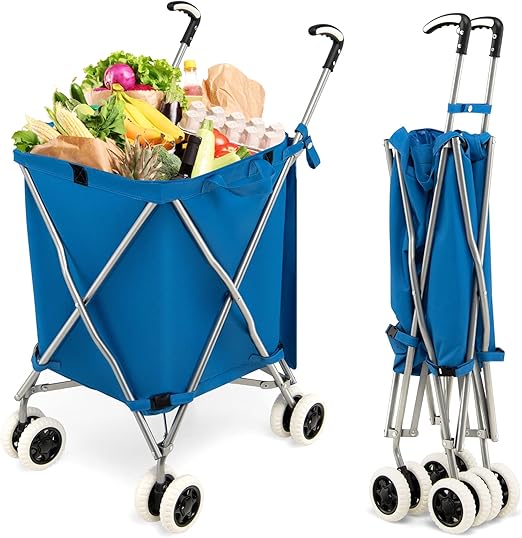 Goplus Folding Shopping Cart with Wheels, Grocery Cart with Removable