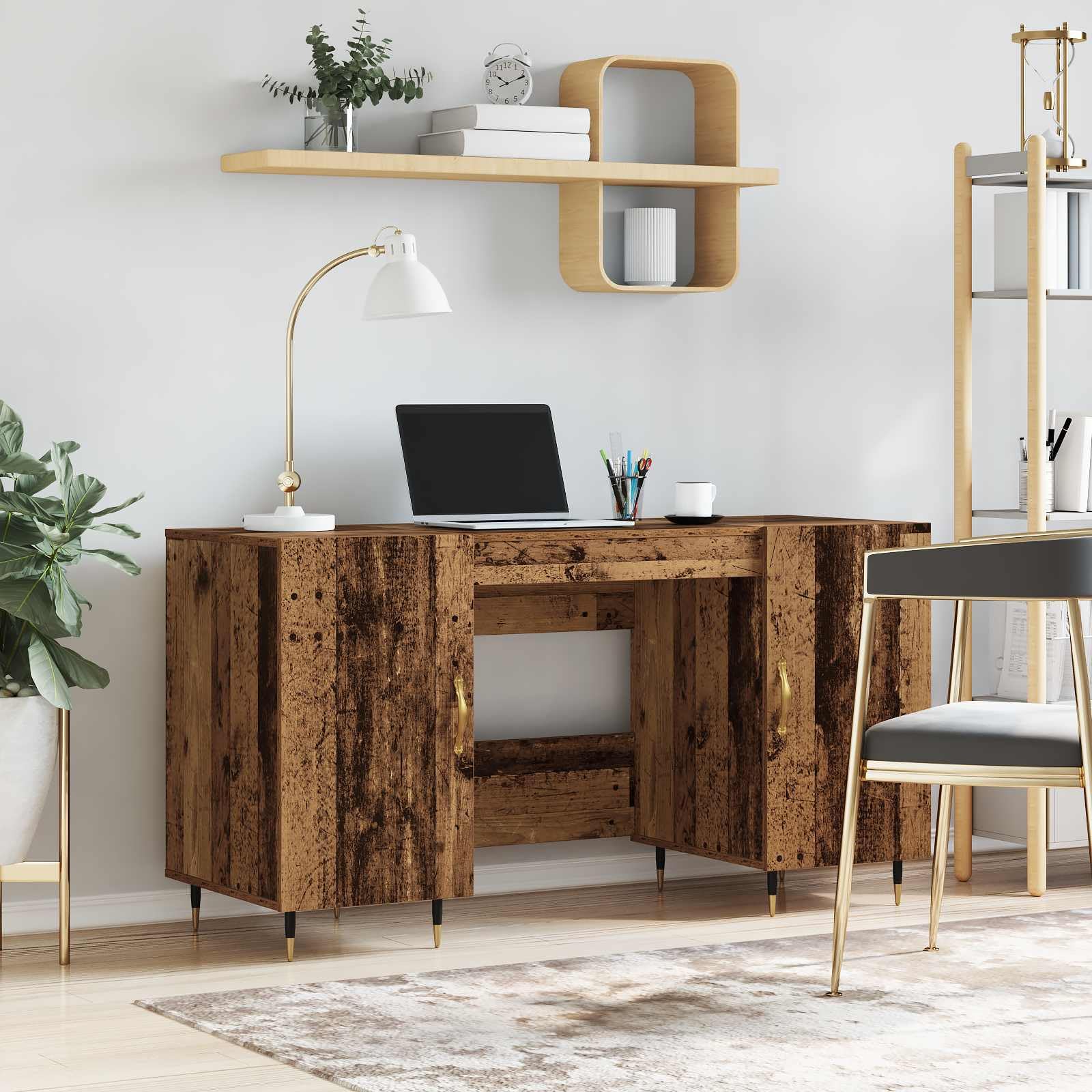 Escritorio con estante de diseño industrial de madera envejecida de 140 x 50 x 75 cm, material de madera mate, 2 estantes, para oficina en casa, oficina, lugar de trabajo, para teclado