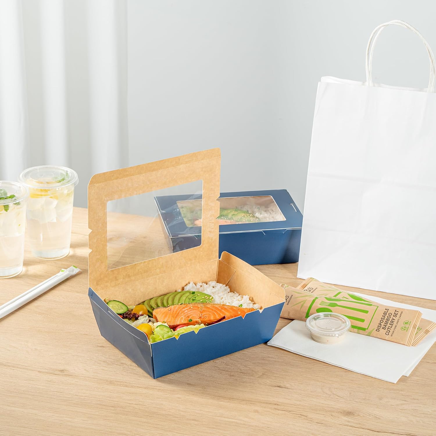 Restaurantware Cafe Vision 71 Ounce Disposable To Go Boxes 200 Paper Boxes For Food - Hinge Lock Grease-Impervious Midnight Blue Paper Take Out Food Containers With Window For Lunch Or Desserts