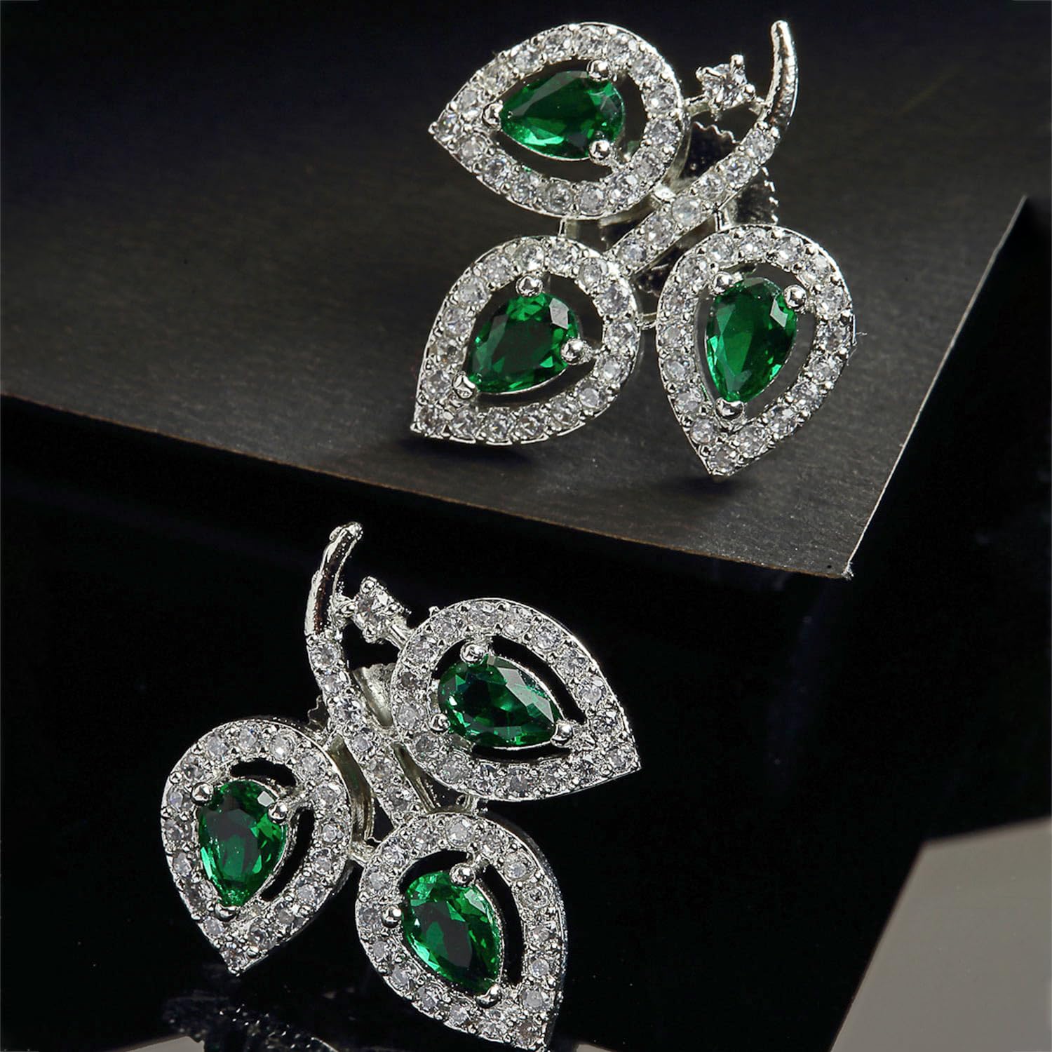 Leaf Shaped Rhodium Plated Diamond Stud Earring (Green)