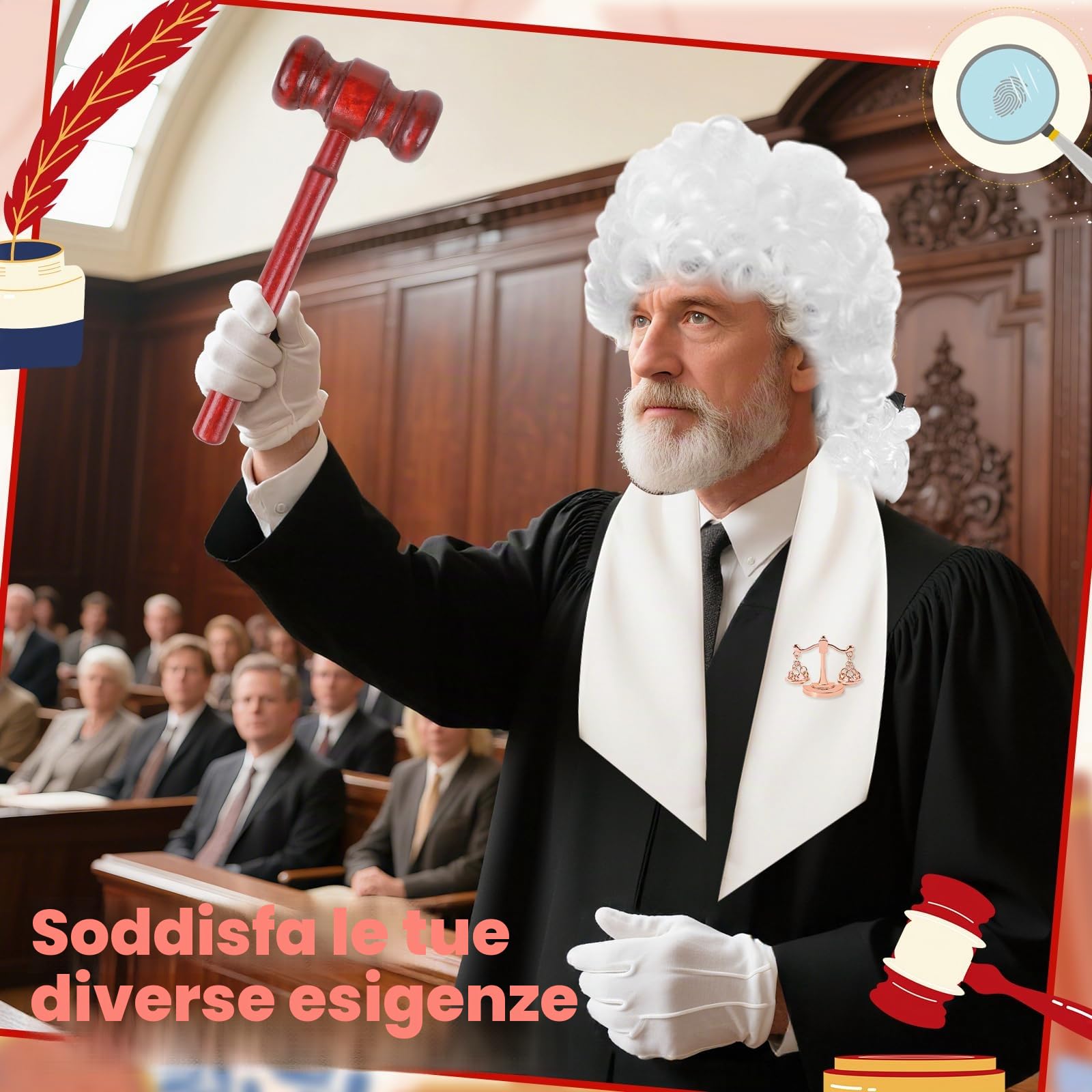 Set di Costumi da Giudice in 7 Pezzi per Adulti, Kit di Abbigliamento Elegante da Avvocato con Parrucca, Toga, Occhiali, Guanti, Martelletto, Collo e Spilla per Cosplay da Tribunale, Trucco e