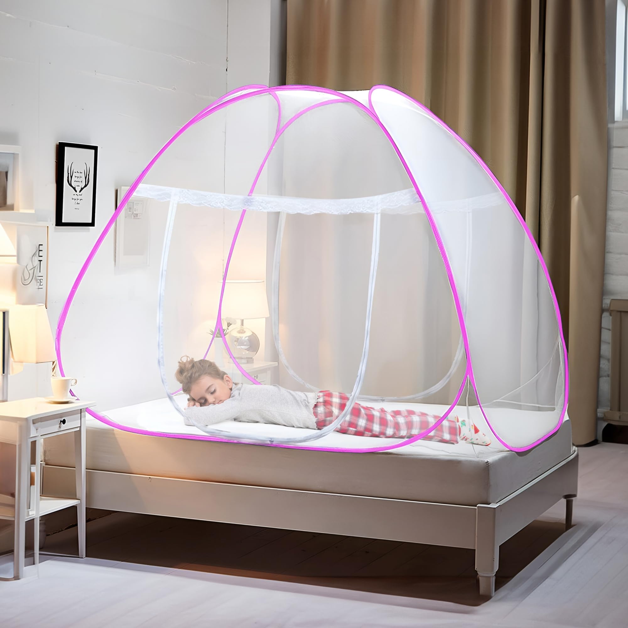 kuber industries 6.5x6.5 feet nylon mosquito net for double bed | foldable machardani for bedroom | outdoor trip mosquito net | pink