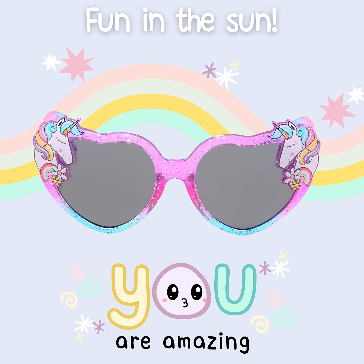 ShadyVEU Kids Unicorn Glitter Rainbow Color Heart Shape Sunglasses Magic Party Shatter-Proof Shades Girls Eyeglasses