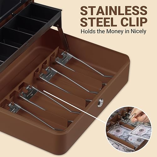 Miniatura 5 de Tera Caja de efectivo antirrobo, con bandeja de dinero resistente y cerradura de llave, bandeja interior de 4 billetes y 5 monedas de 11.8 x 9.4 x