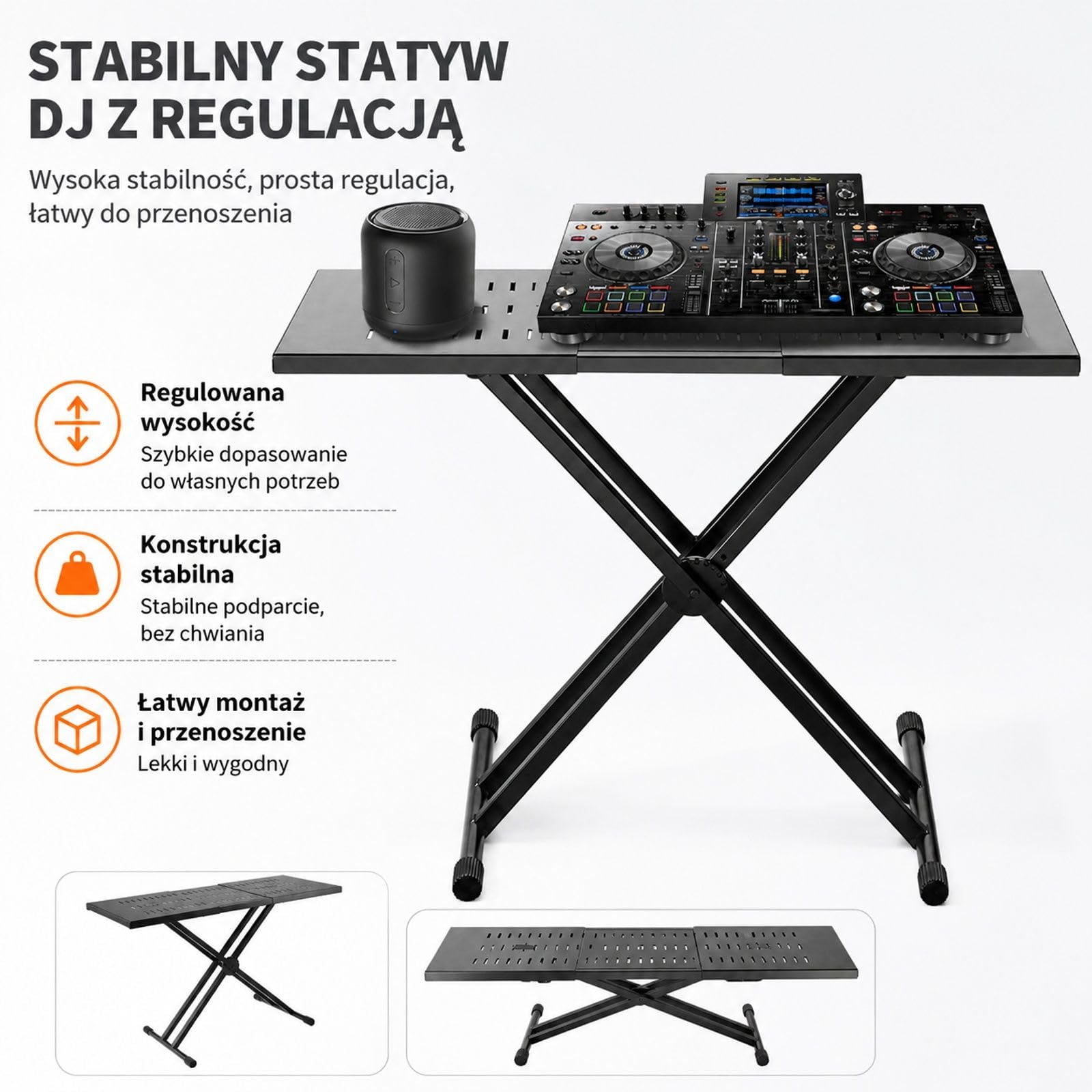Regulowany stojak DJ na stół z podwójnym stelażem X, składany, stalowa konstrukcja i szeroki blat do laptopa, kontrolera oraz miksera audio