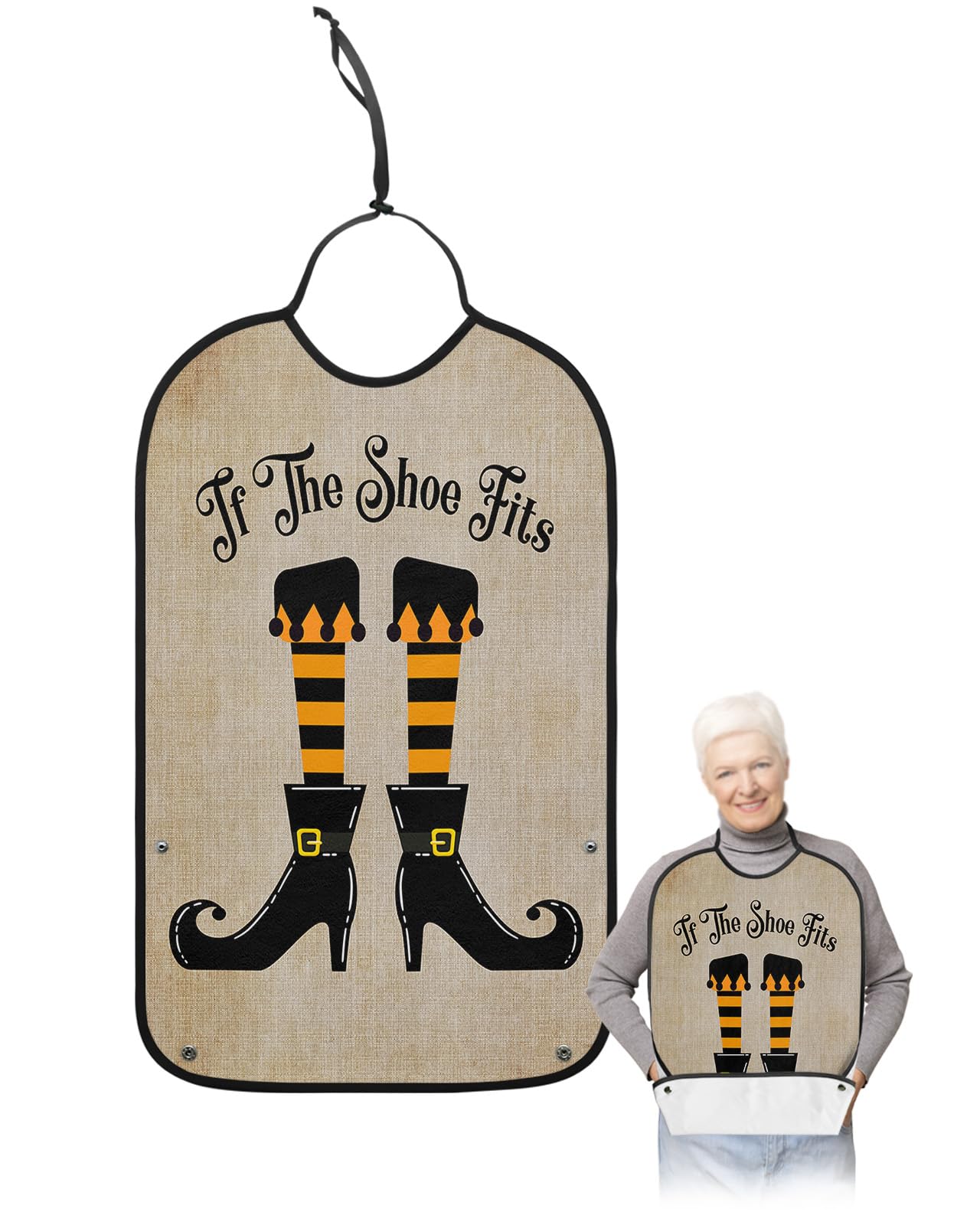 LEOKOTI Halloween Adult Bibs for Eating, Waterproof Bibs with Food Catcher & Adjustable Snap Closure, Farmhouse Rustic Brown Burlap Washable Clothing Protectors Adult Bibs for Elderly Women/Men