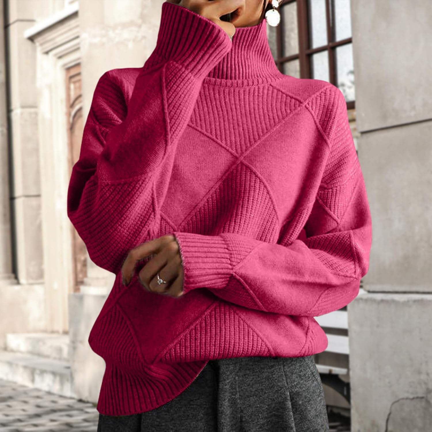 Women's Loose Fit Cable Knit Turtleneck Long Sleeve Jumper Chunky Winter Casual Oversized Pullover Sweaters