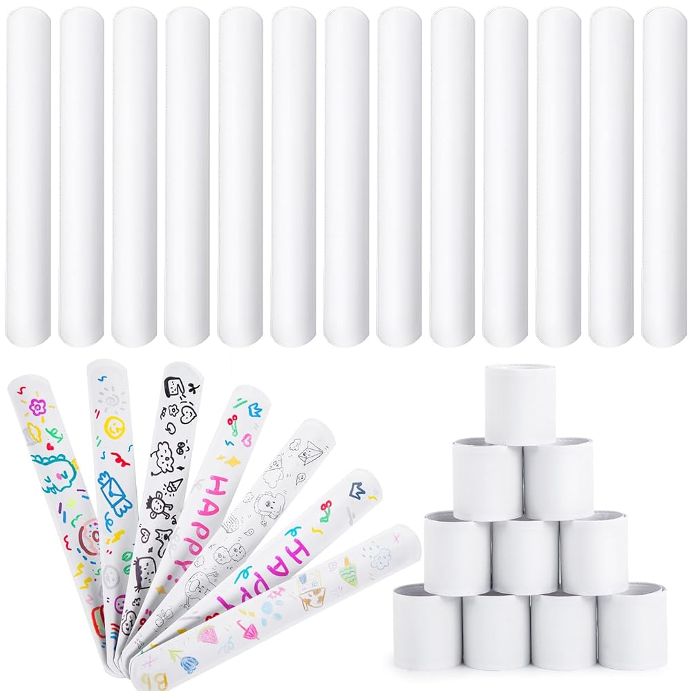 LovesTown 48PCS Slap Bracelets White, Party Slap Bracelets DIY Wrist Bands Bulk Blank Snap Band for Kids Birthday Party Favors School Crafts