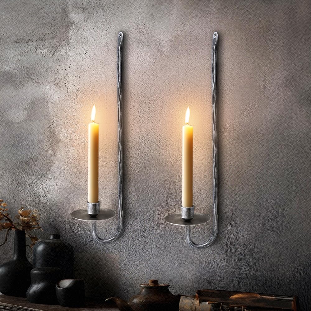 BeginS Hand-Forged Wall Candle Sconces Set of 2, Silver Vintage Solid Steel Metal Wall Candle Holders, Rustic Home Decor for Living Room, Bedroom, Dining Room, Candle Accent