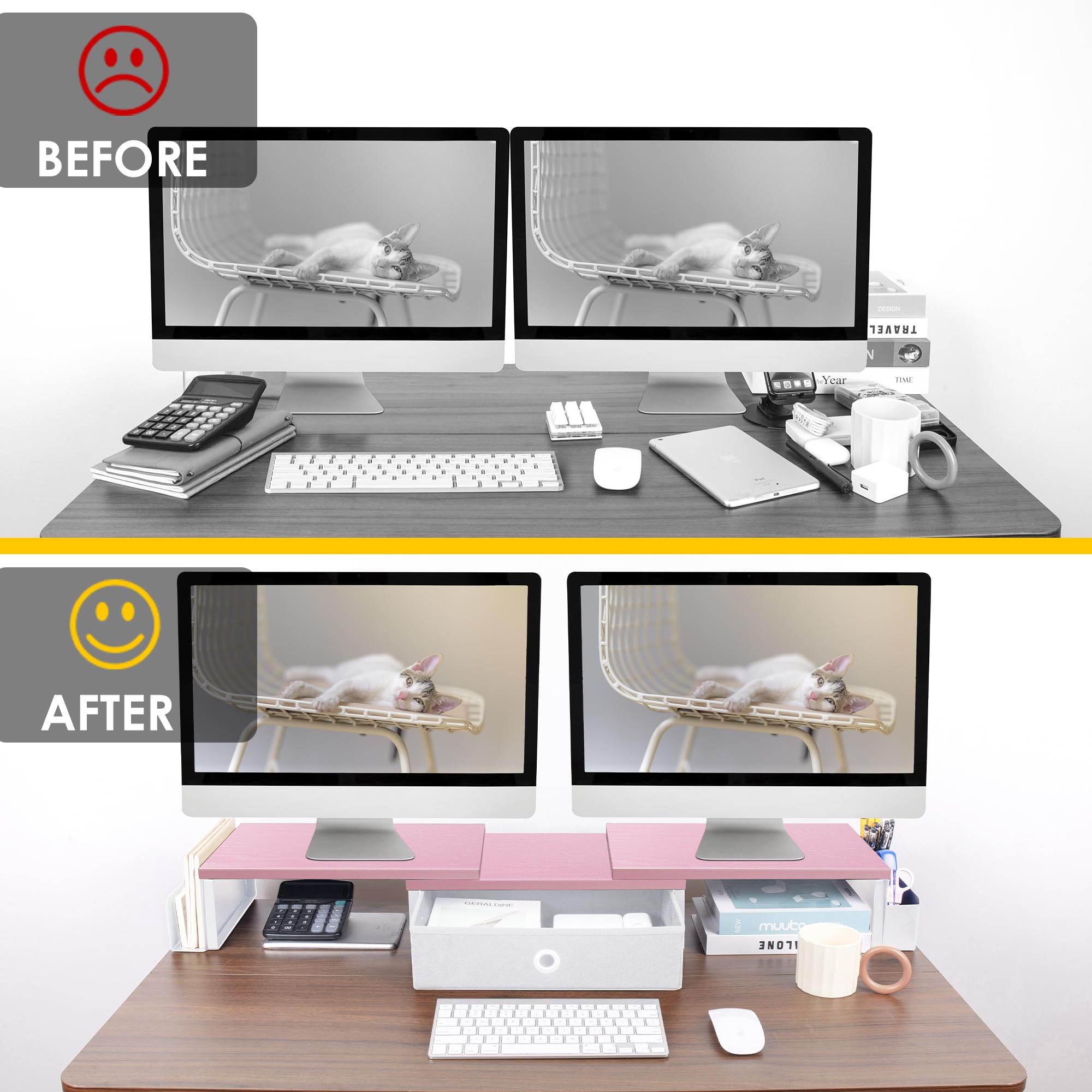 YUHFERA Soporte Elevador Para Monitor Doble Con Cajones, Estante De Escritorio De 46 Pulgadas Para Monitores, Soporte Elevador Para 2 Monitores Con 2 Ranuras Para Teléfono Y Tableta, Soporte De