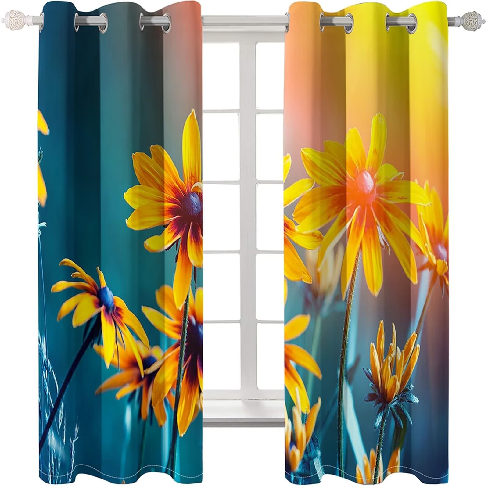 Firanki o wysokości 160 cm, wzór zasłony żółte, niebieskie, zielone, poliester, chryzantemy, zestaw 2 sztuk, szer. 132 x wys. 160 cm