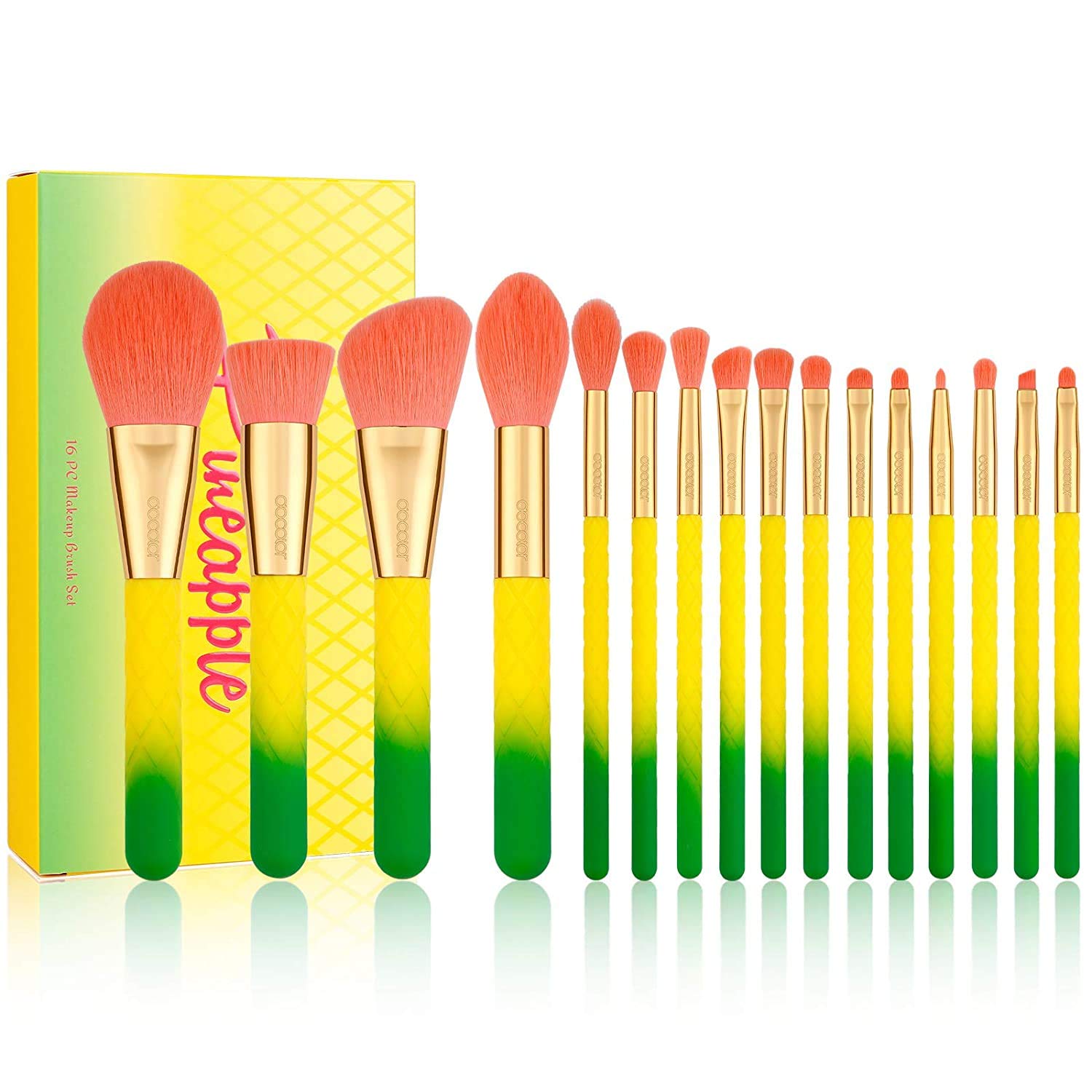 Docolor Pineapple 16 Piece Makeup Brushes Set Premium Synthetic Kabuki Foundation Blending Face Powder Mineral Eyeshadow Make Up Brushes Set (Yellow, Vegan)-picture-22