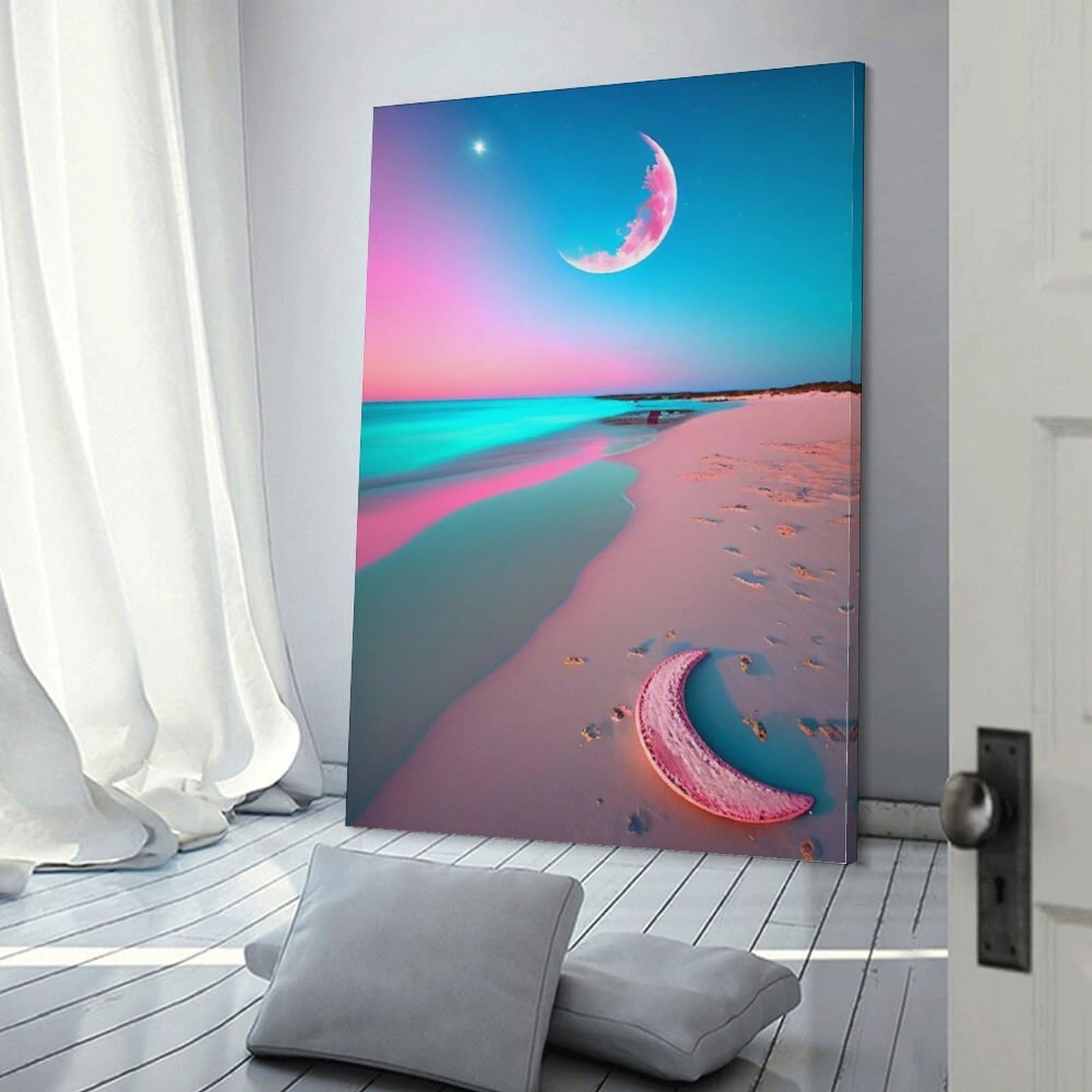 Amazon.co.jp: 絵画 夜のビーチと月のロマンチックな海辺インテリア