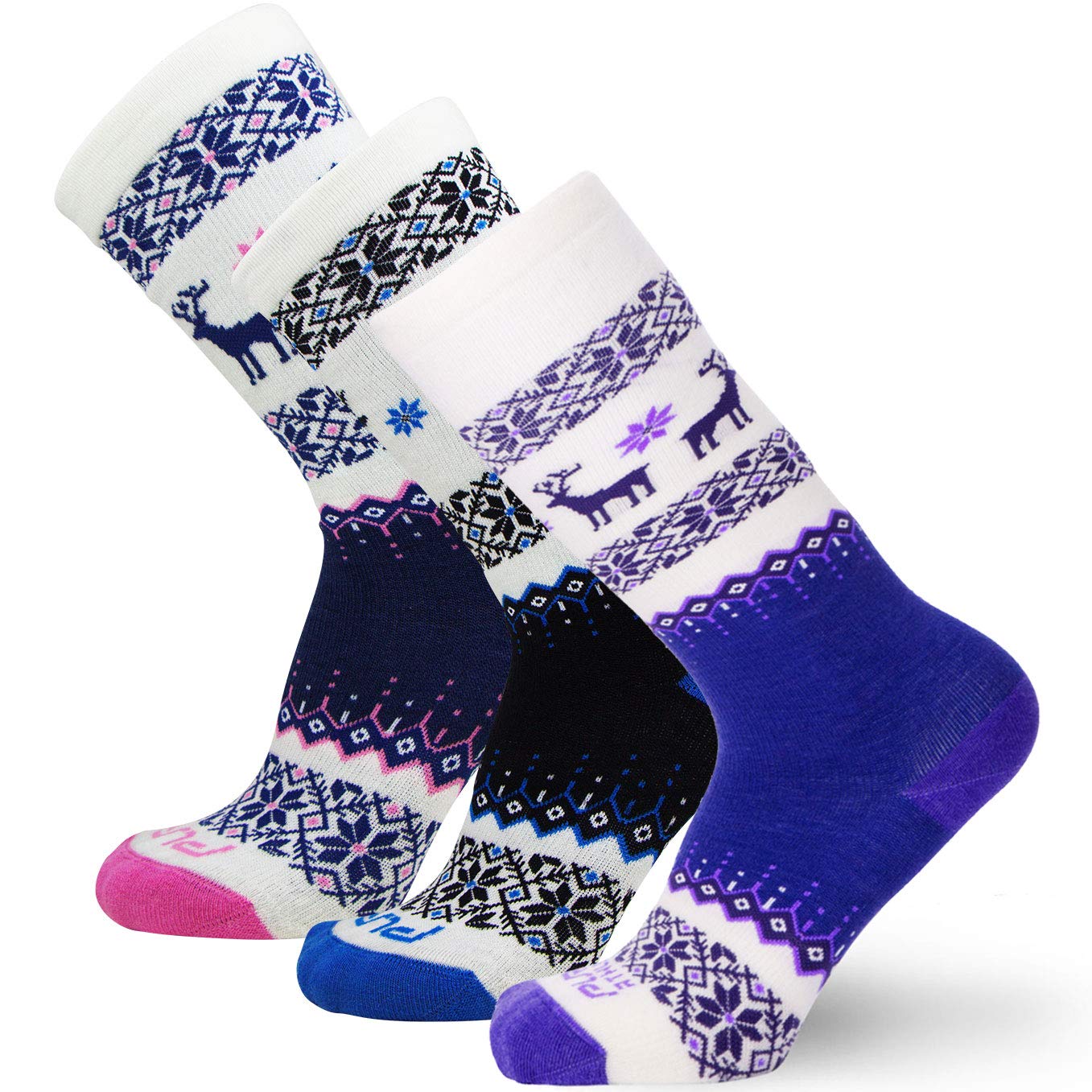 Pure Athlete - Calcetines de esquí para niños, lana de merino, para niños, snowboard, S/M, 3 pares – azul cobalto, morado oscuro-rosa.