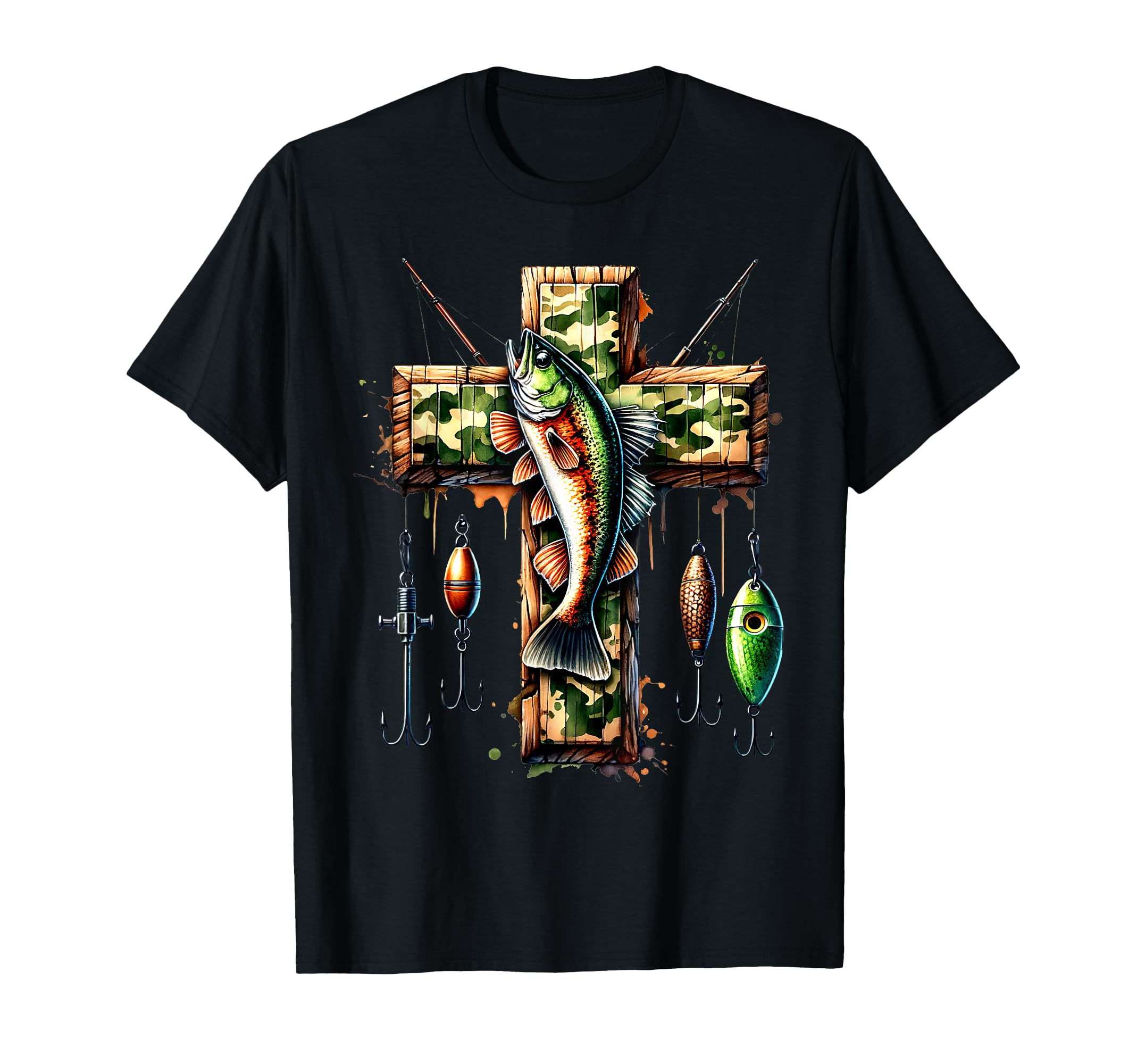 Camo Cross Fishing Faith Christian Fisherman Hunter Hunting T-Shirt