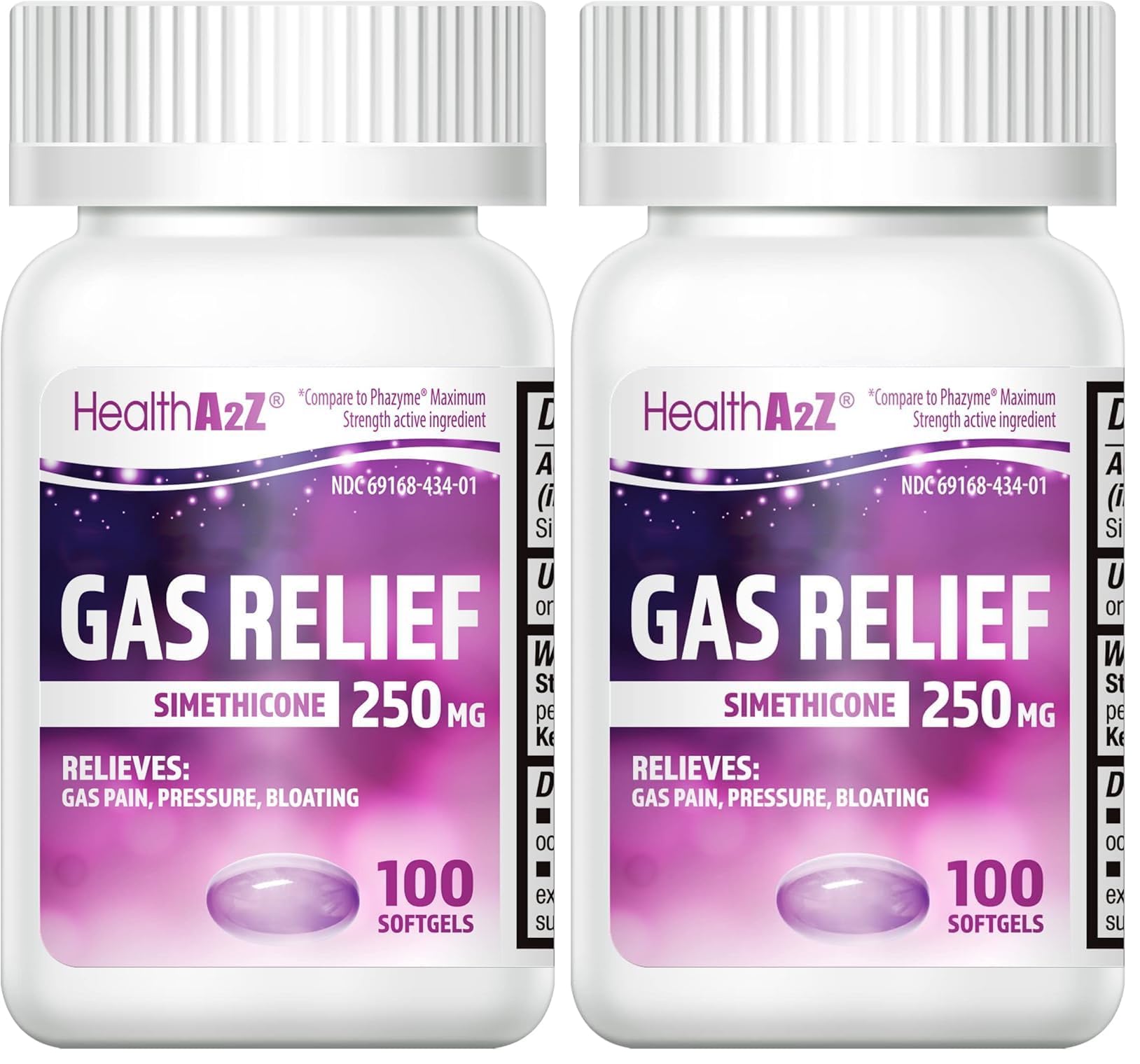 HealthA2Z® Gas Relief Simethicone 250mg, Fast Gas &amp; Bloating Relief, Relieve Symptoms Naturally, 100 Softgels (Pack of 2)